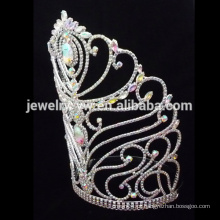 Moda flor de cristal grande coroas de desfile, coroas personalizadas tiara de casamento grande, coroas de desfile por atacado e tiaras